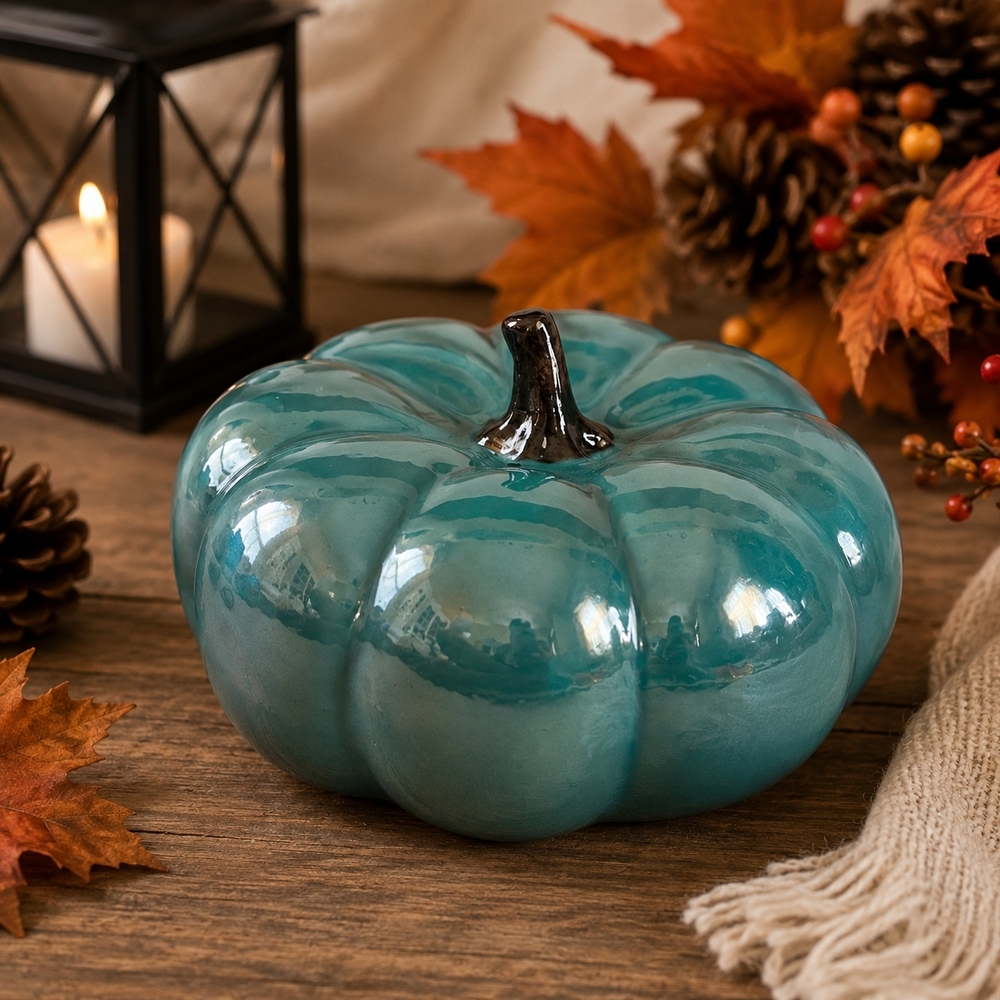 Hobby Lobby Teal Green Ceramic Pumpkin Fall Decor 2018 6.2x3.8in EXC